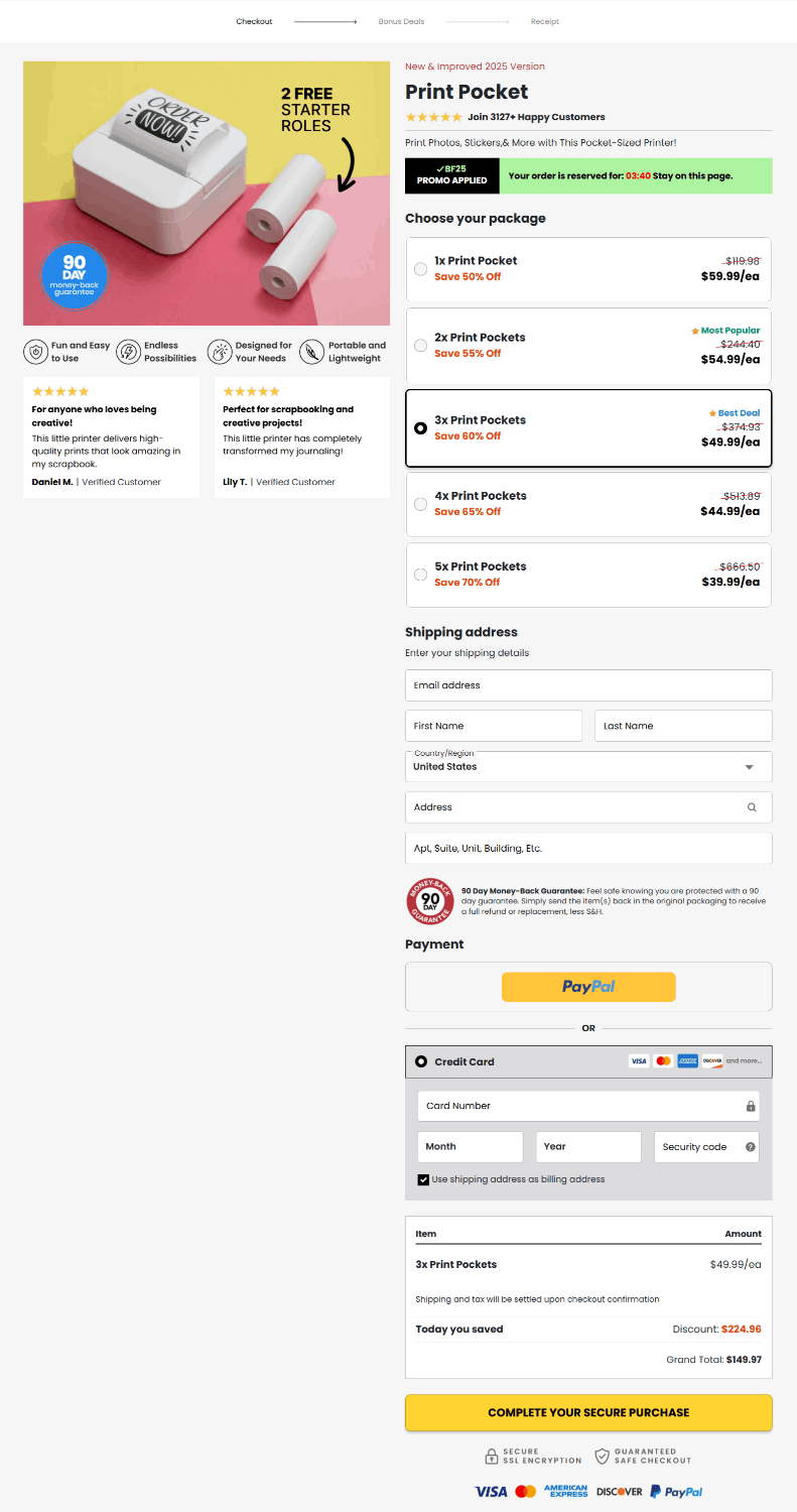 Print Pocket secure checkout page